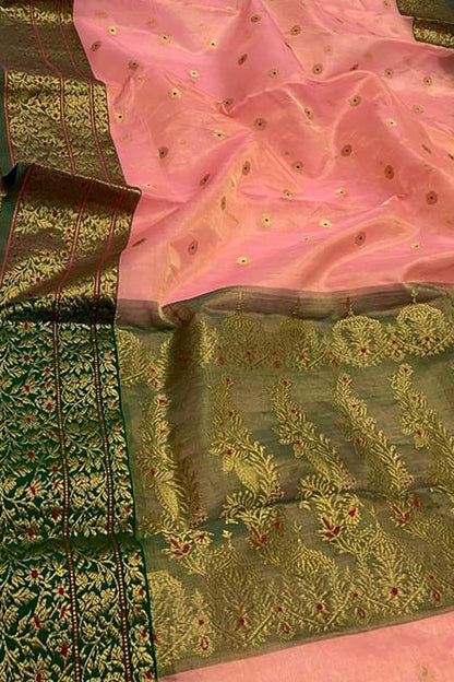 Elegant Pink Chanderi Handloom Pure Katan Silk Saree - Luxurion World