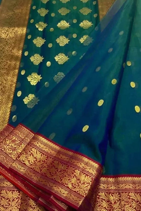 Elegant Blue Chanderi Handloom Pure Katan Silk Saree - Luxurion World