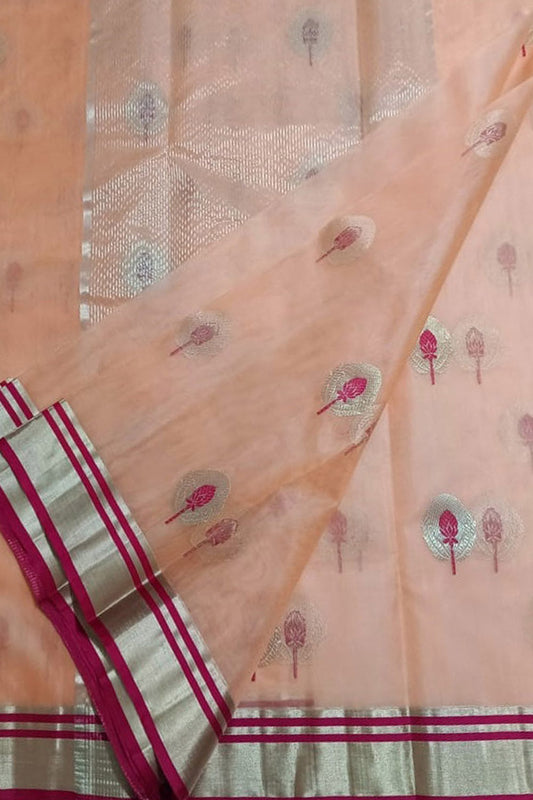 Elegant Peach Chanderi Handloom Pure Katan Silk Saree