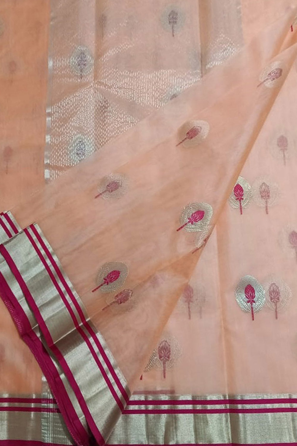 Elegant Peach Chanderi Handloom Pure Katan Silk Saree - Luxurion World