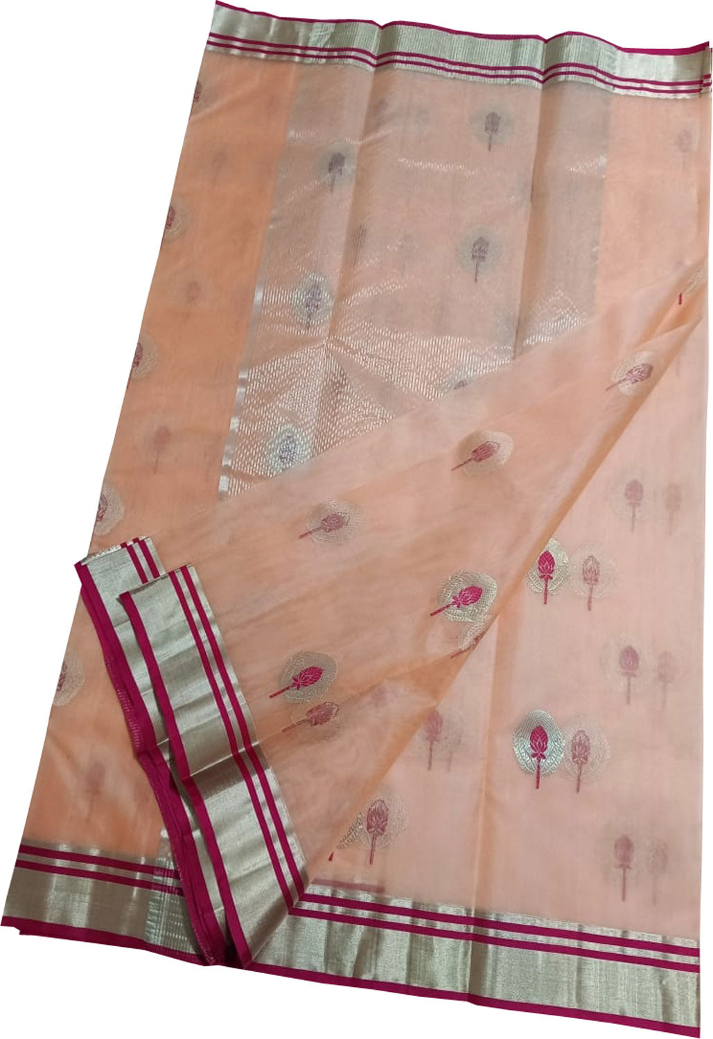 Elegant Peach Chanderi Handloom Pure Katan Silk Saree - Luxurion World