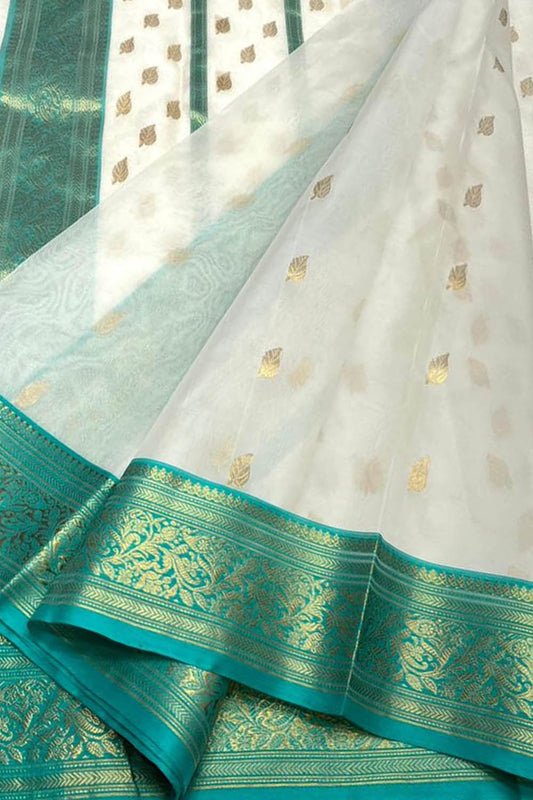 Elegant Off White Chanderi Handloom Pure Katan Silk Saree