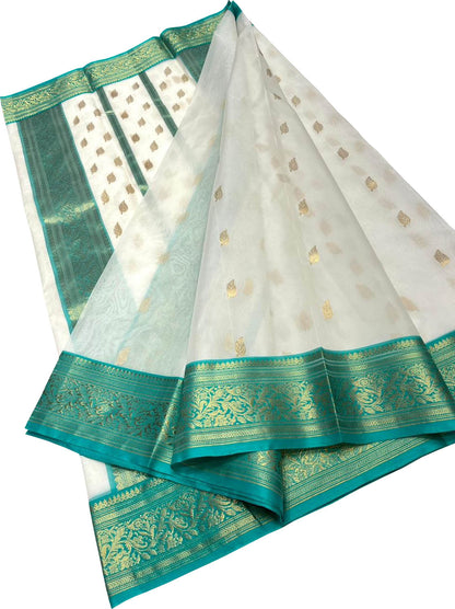 Elegant Off White Chanderi Handloom Pure Katan Silk Saree - Luxurion World