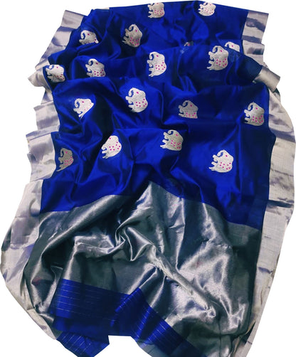 Elegant Blue Chanderi Handloom Silk Elephant Design Saree: A Timeless Classic - Luxurion World