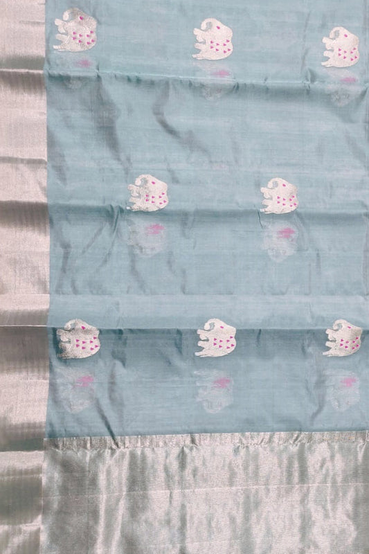 Elegant Blue Chanderi Handloom Silk Elephant Design Saree: A Timeless Classic