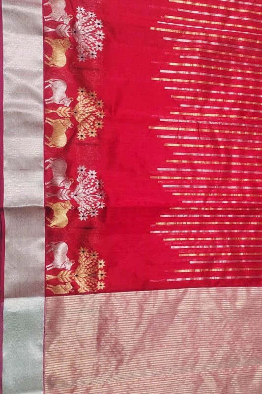 Timeless Classic: Elegant Red Chanderi Handloom Silk Saree with Cow Design