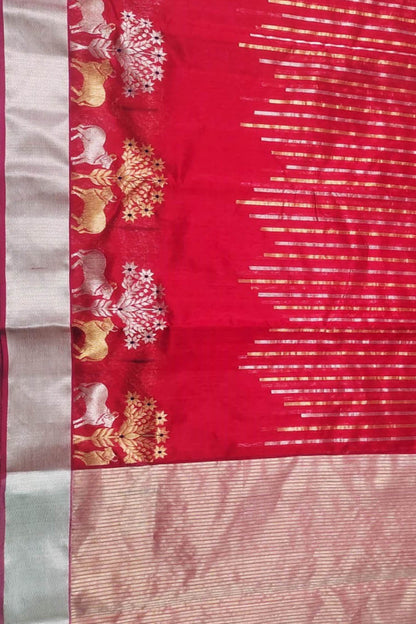 Timeless Classic: Elegant Red Chanderi Handloom Silk Saree with Cow Design - Luxurion World