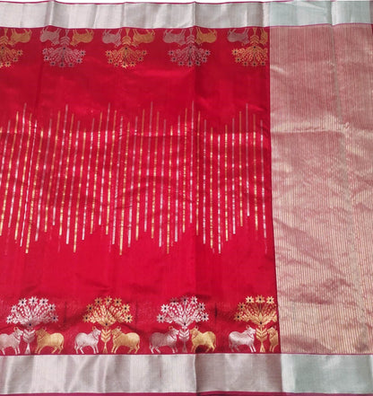 Timeless Classic: Elegant Red Chanderi Handloom Silk Saree with Cow Design - Luxurion World