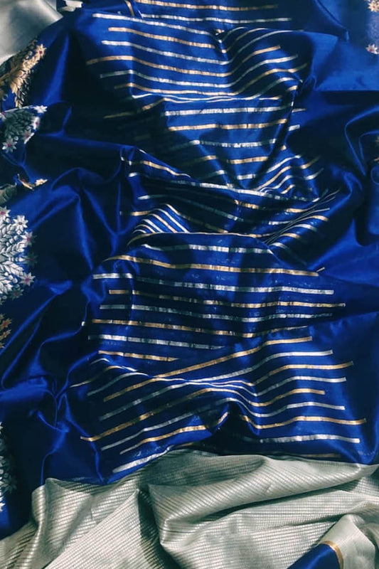 Elegant Blue Chanderi Handloom Silk Cow Design Saree: A Timeless Classic