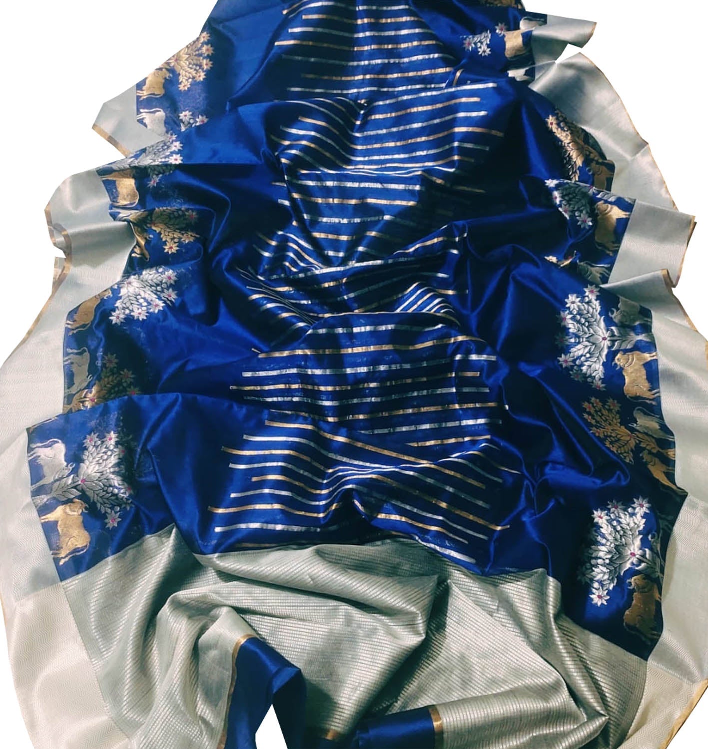 Elegant Blue Chanderi Handloom Silk Cow Design Saree: A Timeless Classic - Luxurion World
