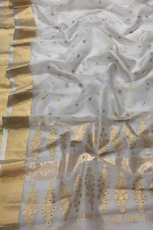 Elegant Off White Chanderi Handloom Silk Saree - Luxurion World