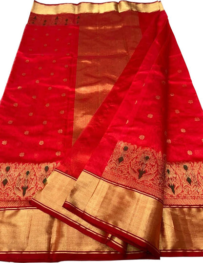Exquisite Red Chanderi Handloom Pure Silk Saree: Timeless Elegance - Luxurion World