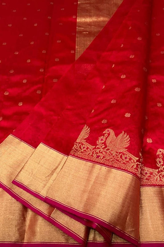 Elegant Red Chanderi Handloom Pure Silk Saree: Timeless Beauty - Luxurion World