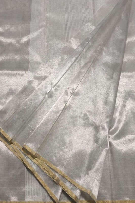 Elegant Silver Chanderi Handloom Pure Tissue Saree