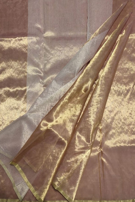 Exquisite Golden Chanderi Handloom Pure Tissue Saree: Timeless Elegance