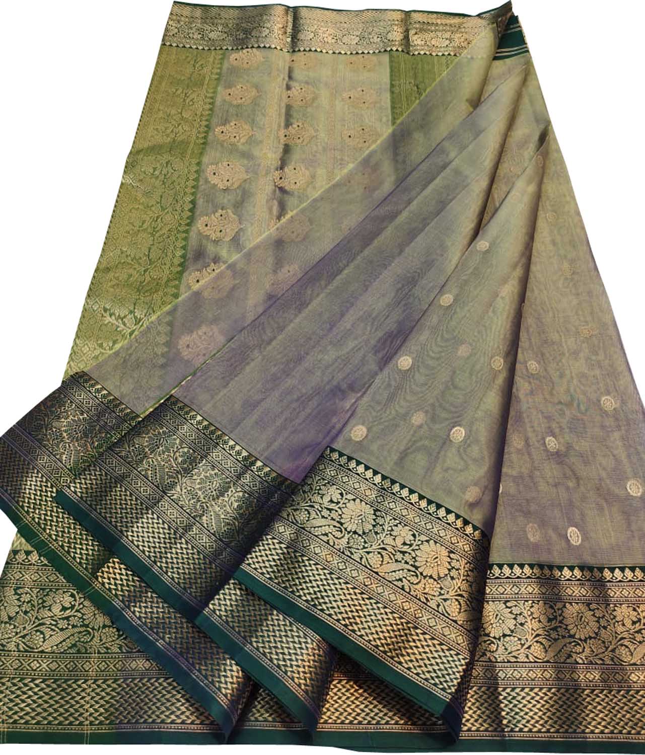 Exquisite Blue & Green Chanderi Handloom Katan Silk Saree - Luxurion World