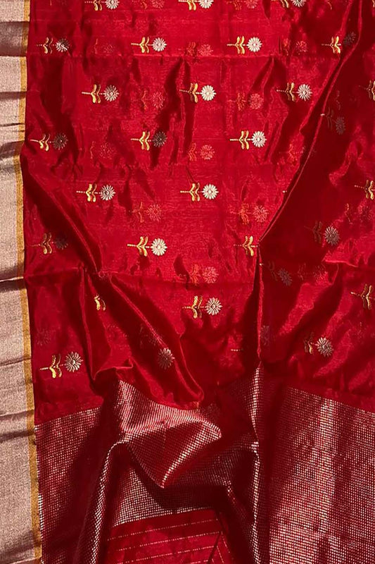 Exquisite Red Chanderi Handloom Pure Silk Saree: Timeless Elegance