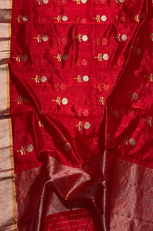 Exquisite Red Chanderi Handloom Pure Silk Saree: Timeless Elegance - Luxurion World
