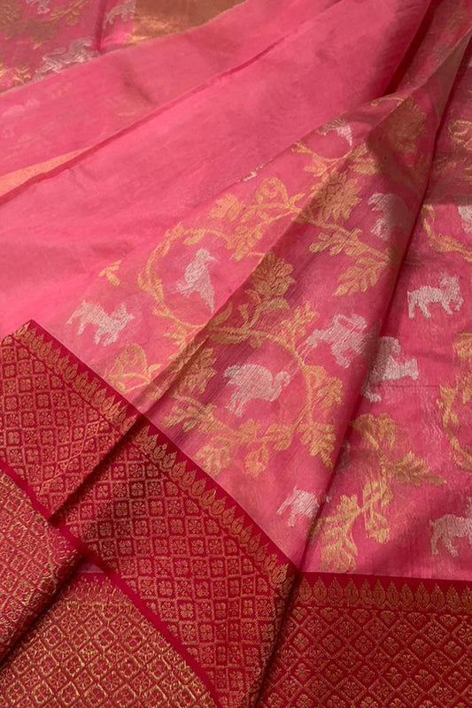 Elegant Pink Chanderi Handloom Pure Silk Saree - Luxurion World