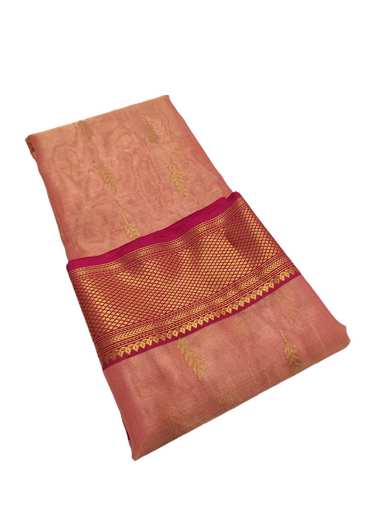 Pink Handloom Chanderi Pure Katan Tissue Silk Saree - Luxurion World