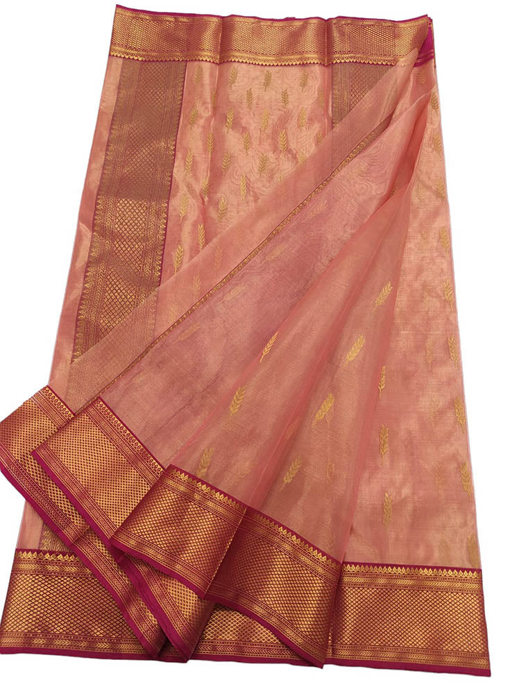 Pink Handloom Chanderi Pure Katan Tissue Silk Saree - Luxurion World