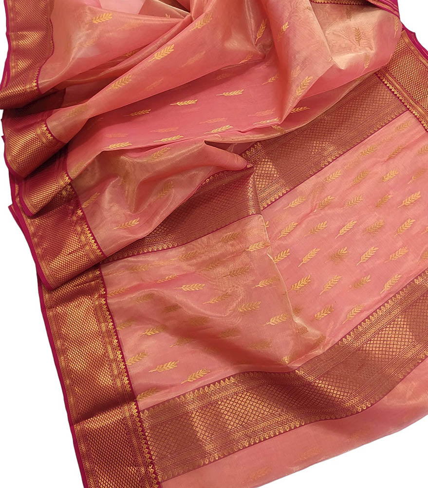Pink Handloom Chanderi Pure Katan Tissue Silk Saree - Luxurion World