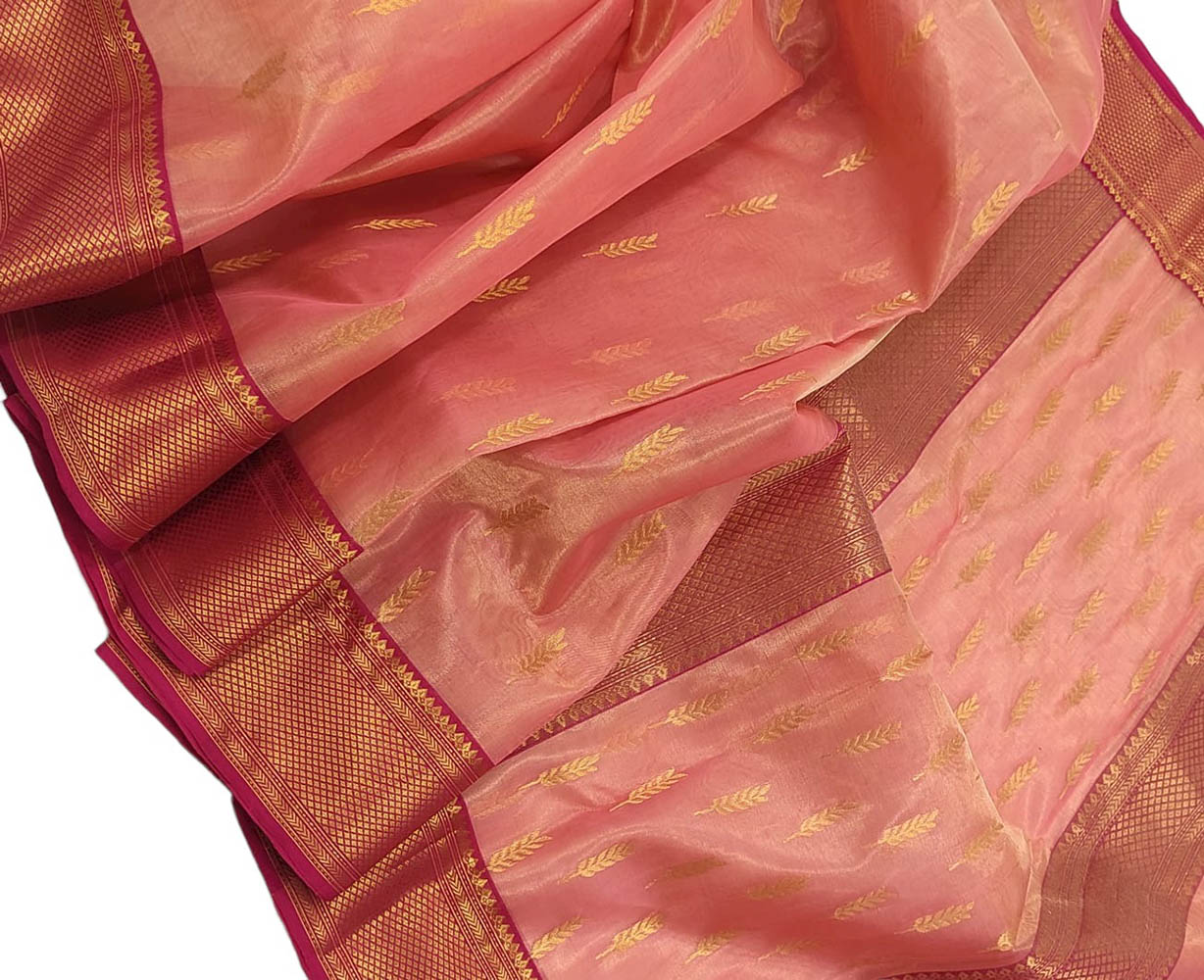 Pink Handloom Chanderi Pure Katan Tissue Silk Saree - Luxurion World