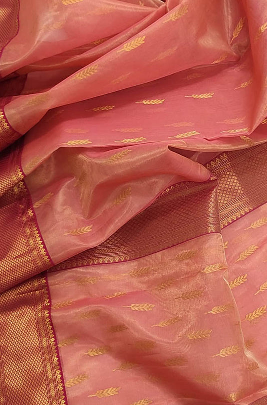 Pink Handloom Chanderi Pure Katan Tissue Silk Saree - Luxurion World