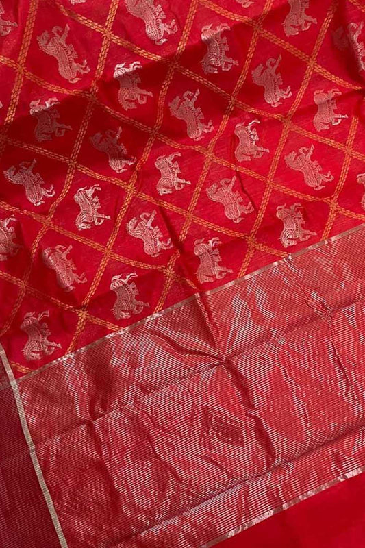 Red Chanderi Handloom Pure Silk Saree - Luxurion World