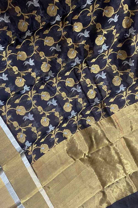 Black Chanderi Handloom Pure Silk Saree - Luxurion World