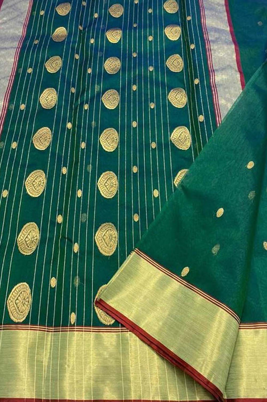 Green Chanderi Handloom Pure Katan Silk Saree - Luxurion World