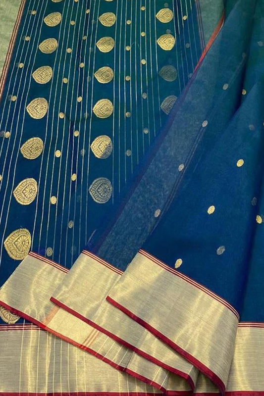 Blue Chanderi Handloom Pure Katan Silk Saree - Luxurion World