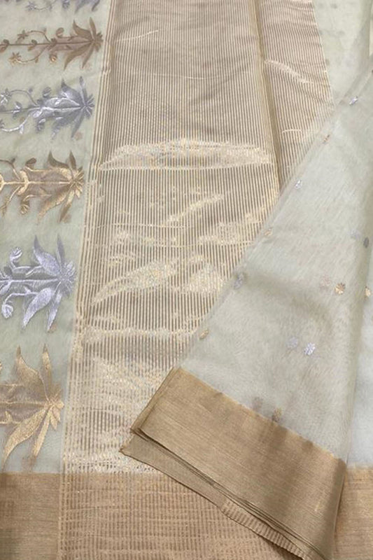 Off White Chanderi Handloom Pure Katan Silk Saree - Luxurion World