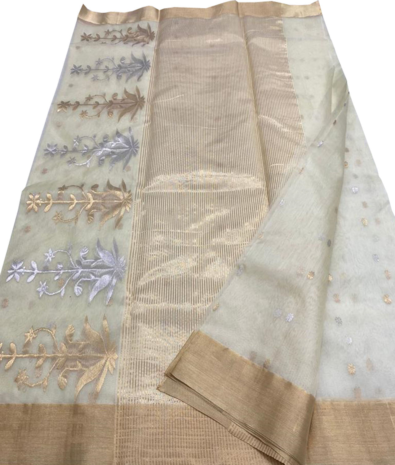 Off White Chanderi Handloom Pure Katan Silk Saree - Luxurion World