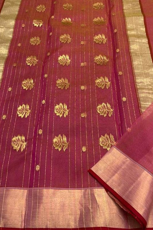 Pink Chanderi Handloom Pure Katan Silk Saree - Luxurion World