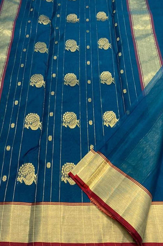 Blue Chanderi Handloom Pure Katan Silk Saree - Luxurion World