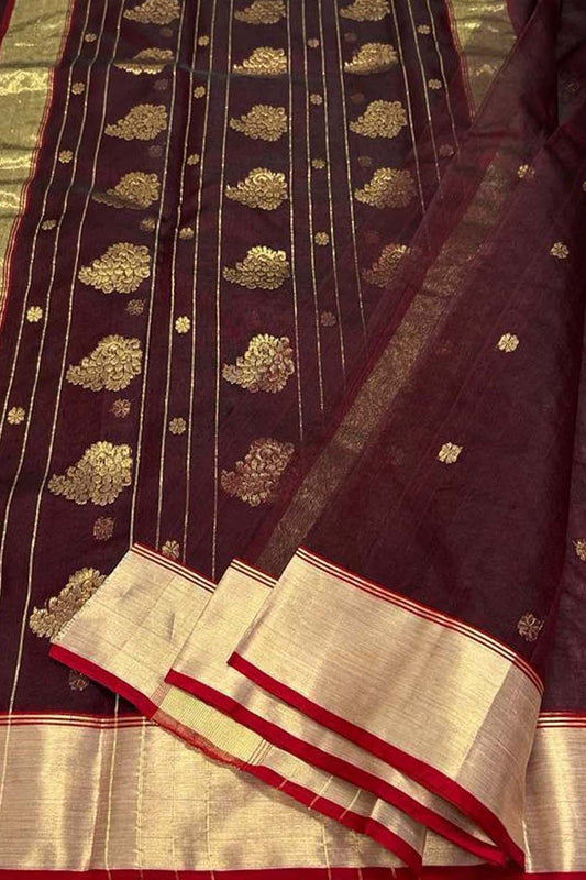 Brown Chanderi Handloom Pure Katan Silk Saree - Luxurion World