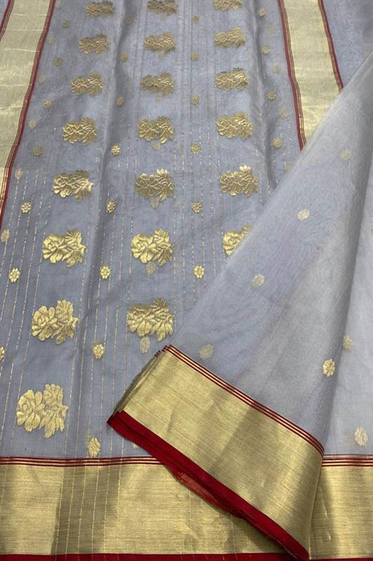 Grey Chanderi Handloom Pure Katan Silk Saree - Luxurion World