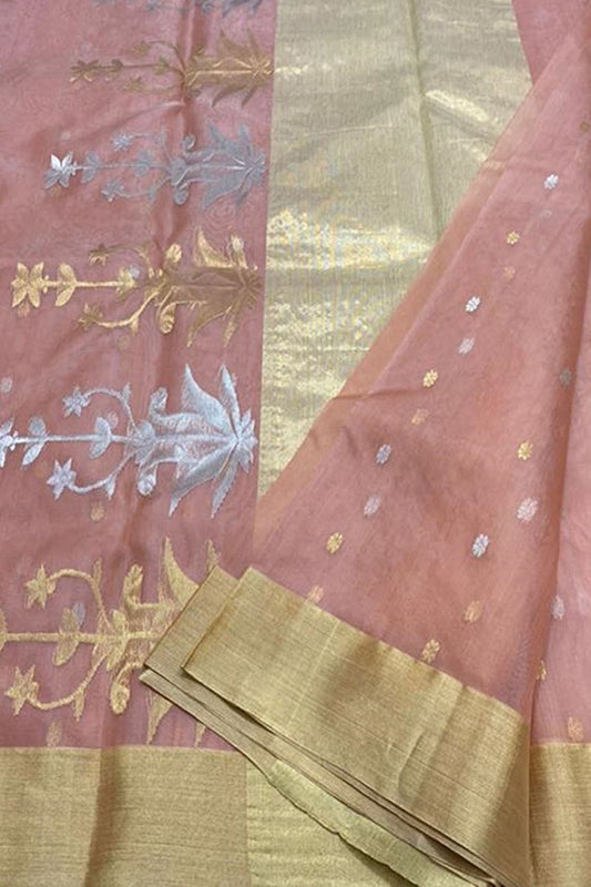 Pink Chanderi Handloom Pure Katan Silk Saree - Luxurion World
