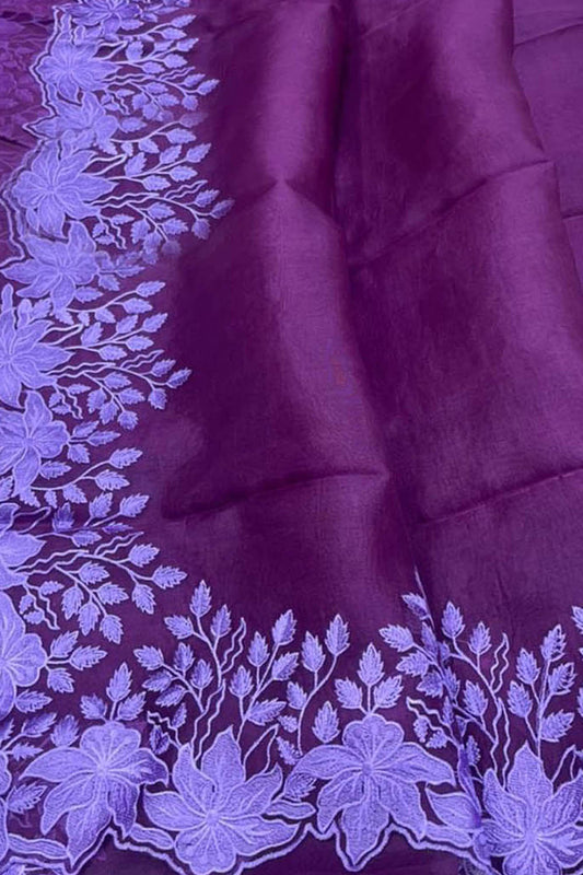 Purple Chikankari Embroidered Organza Saree