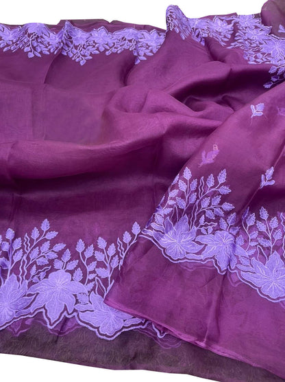 Purple Chikankari Embroidered Organza Saree - Luxurion World