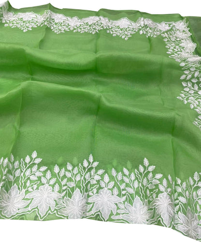 Green Chikankari Embroidered Organza Saree - Luxurion World