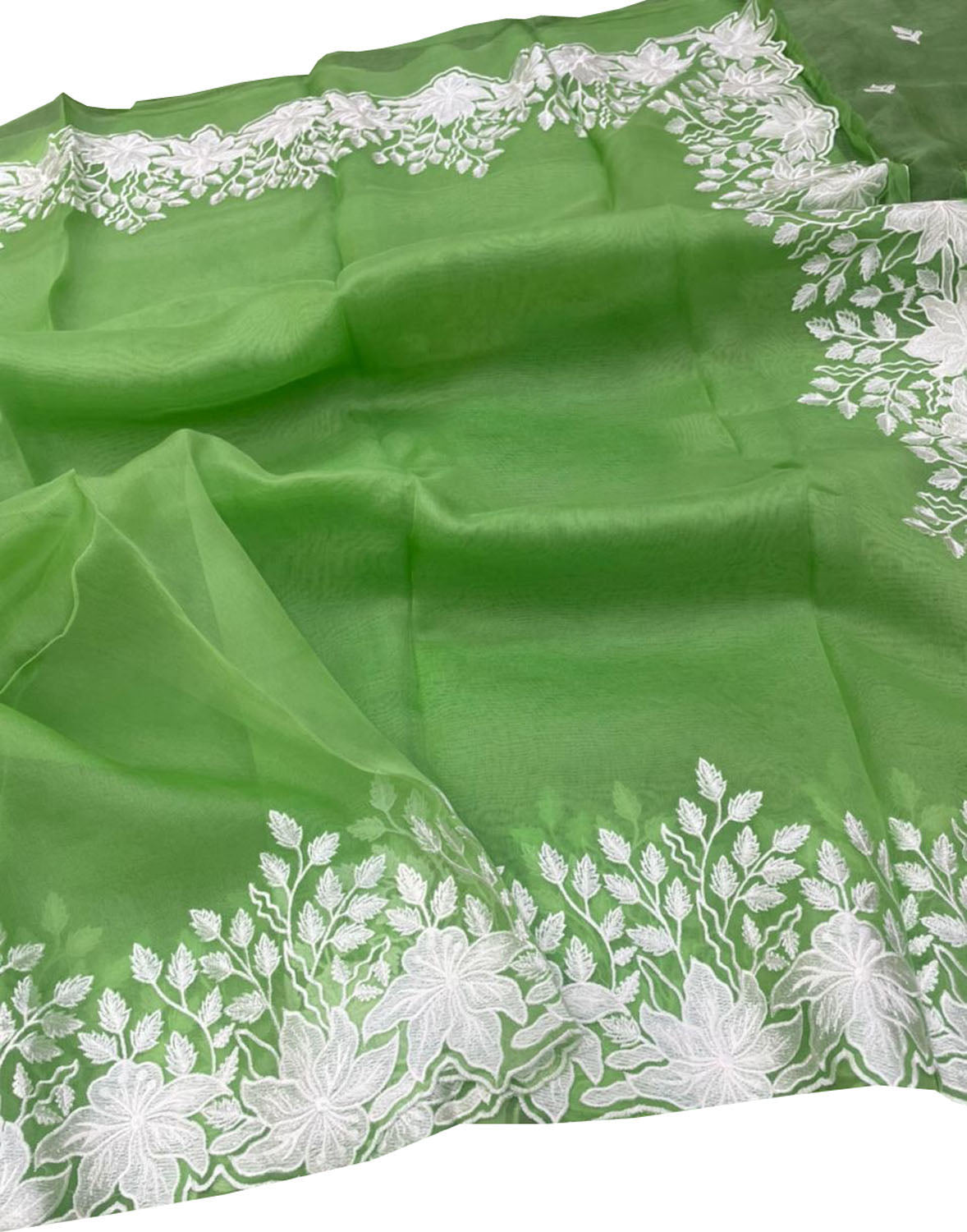 Green Chikankari Embroidered Organza Saree - Luxurion World
