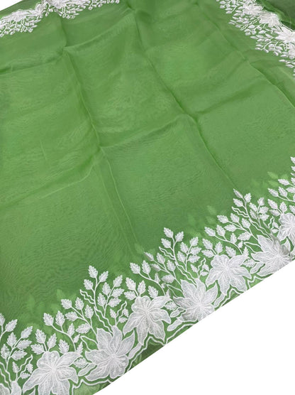 Green Chikankari Embroidered Organza Saree - Luxurion World