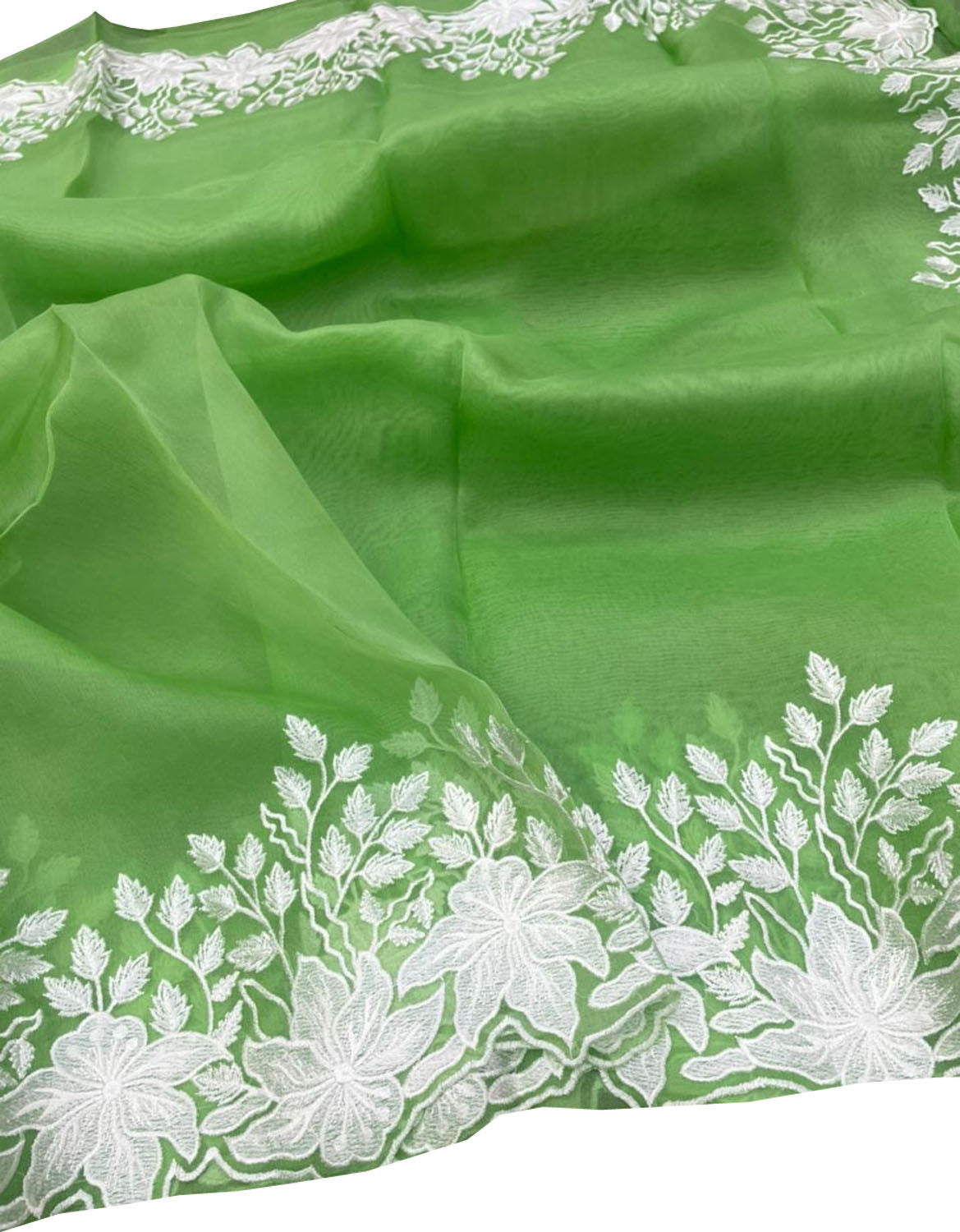 Green Chikankari Embroidered Organza Saree - Luxurion World