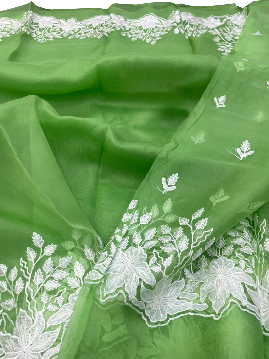 Green Chikankari Embroidered Organza Saree - Luxurion World