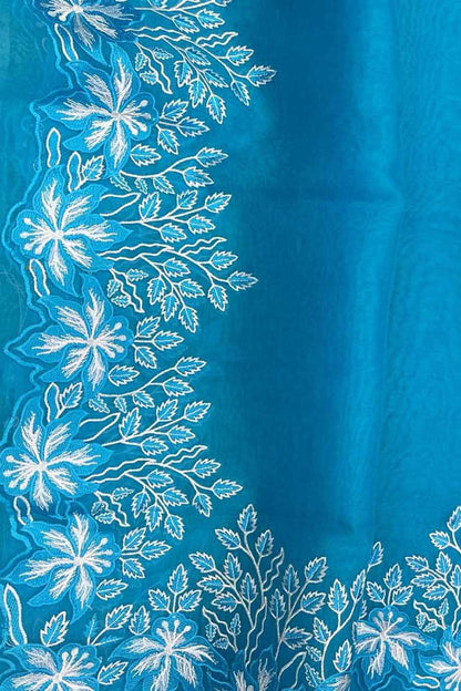 Blue Chikankari Embroidered Organza Saree - Luxurion World