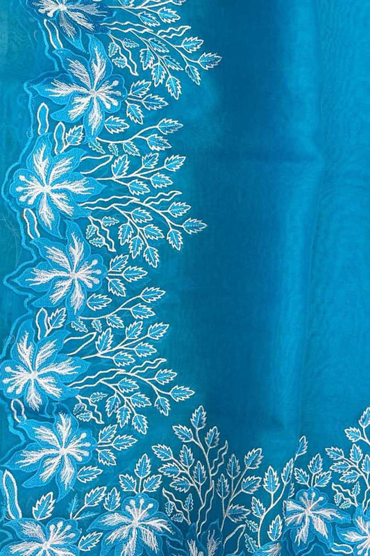 Blue Chikankari Embroidered Organza Saree - Luxurion World