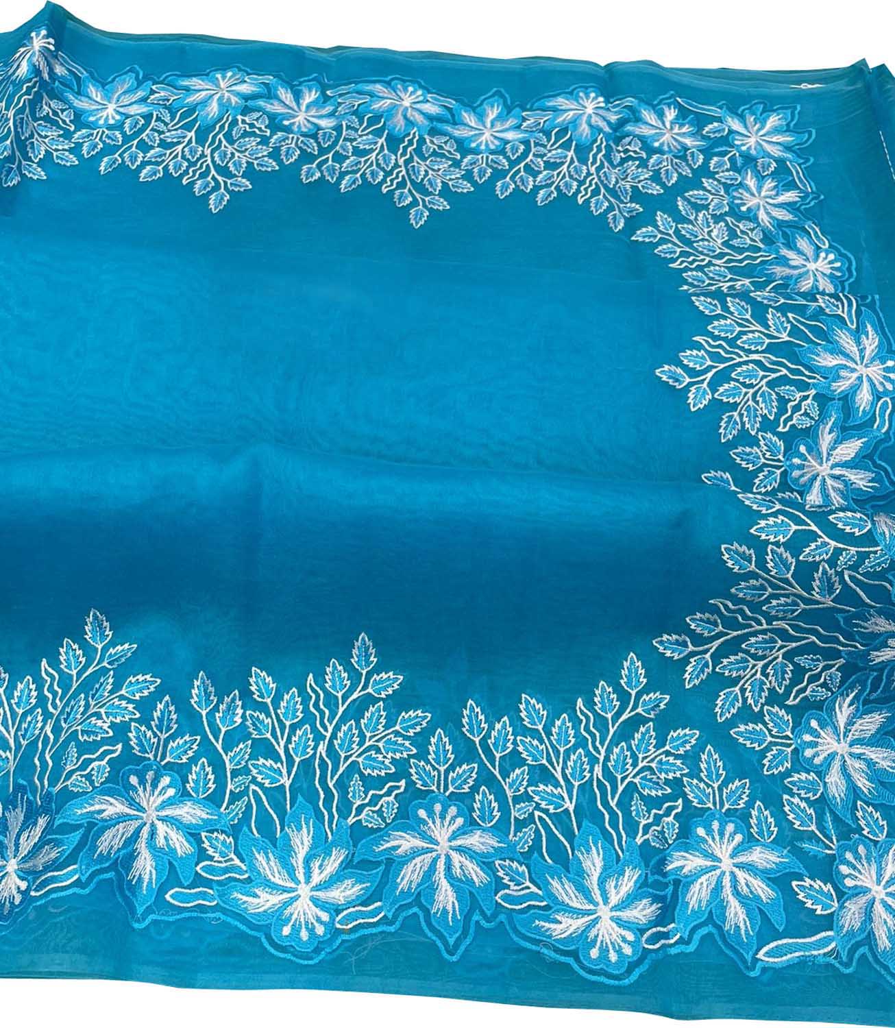Blue Chikankari Embroidered Organza Saree - Luxurion World
