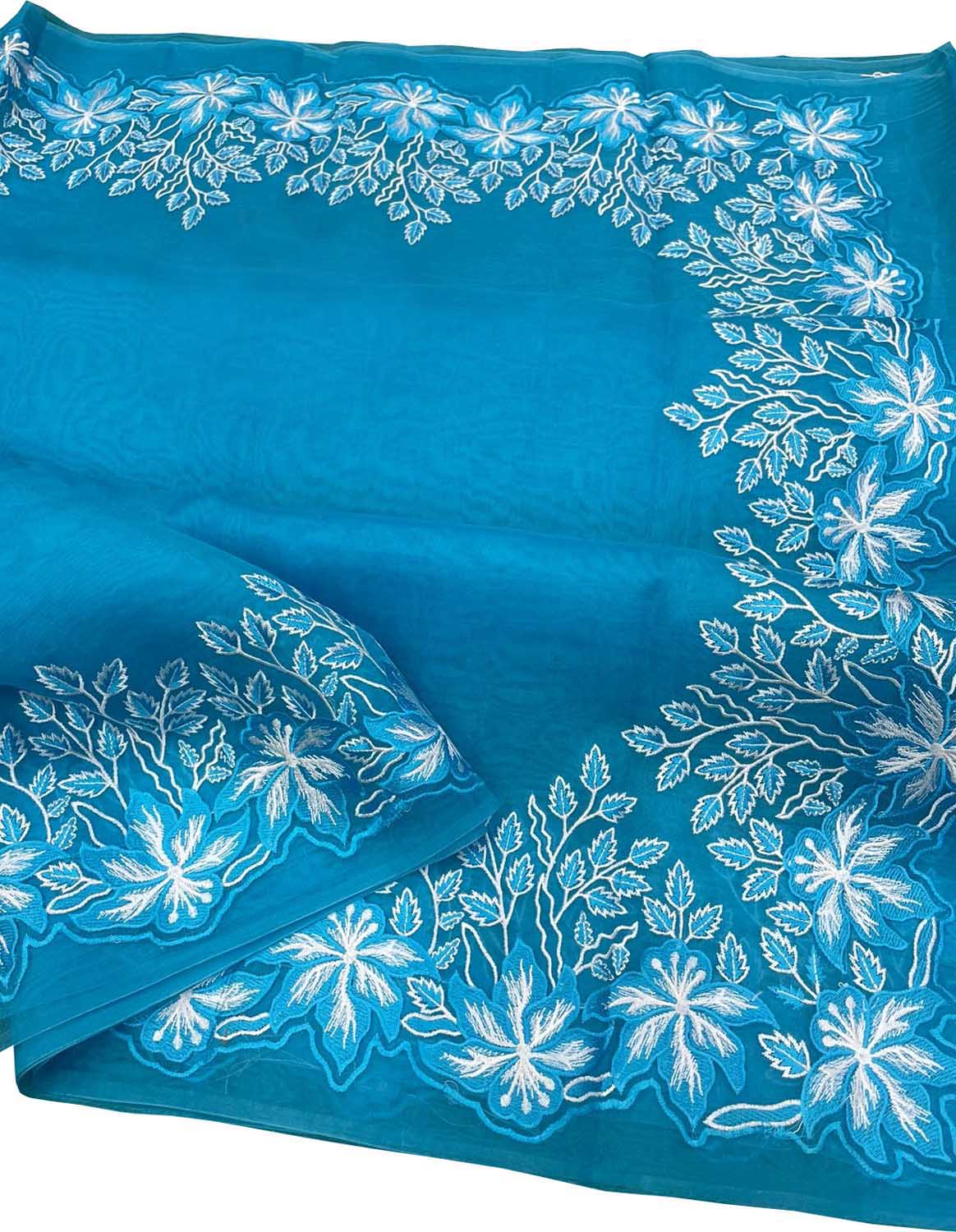 Blue Chikankari Embroidered Organza Saree - Luxurion World